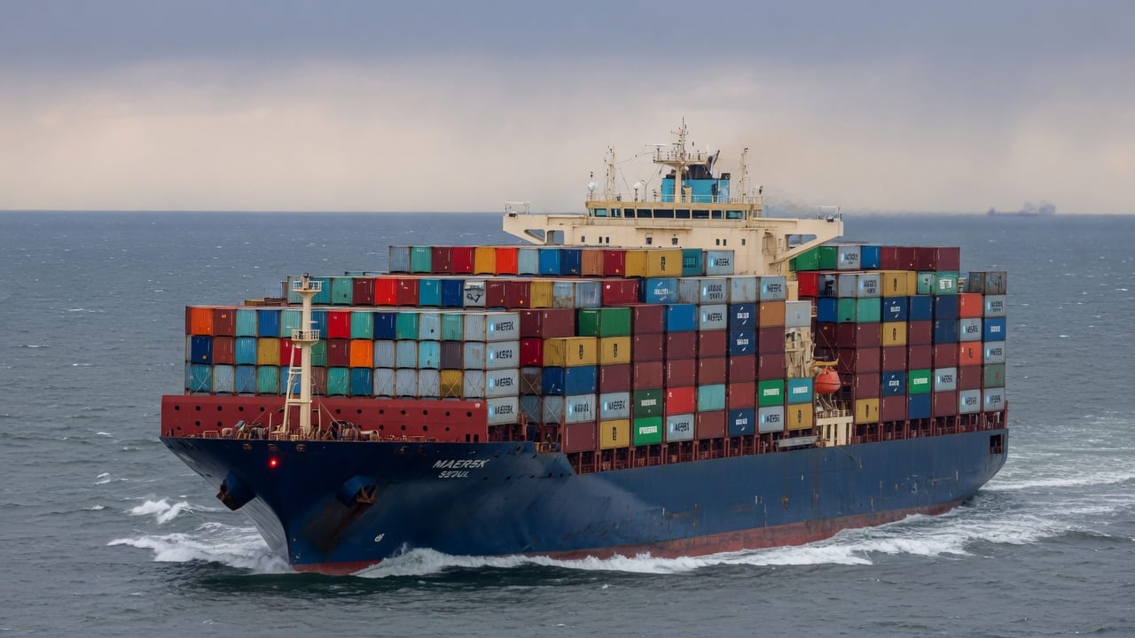 Container ship loaded with cargo from Asia